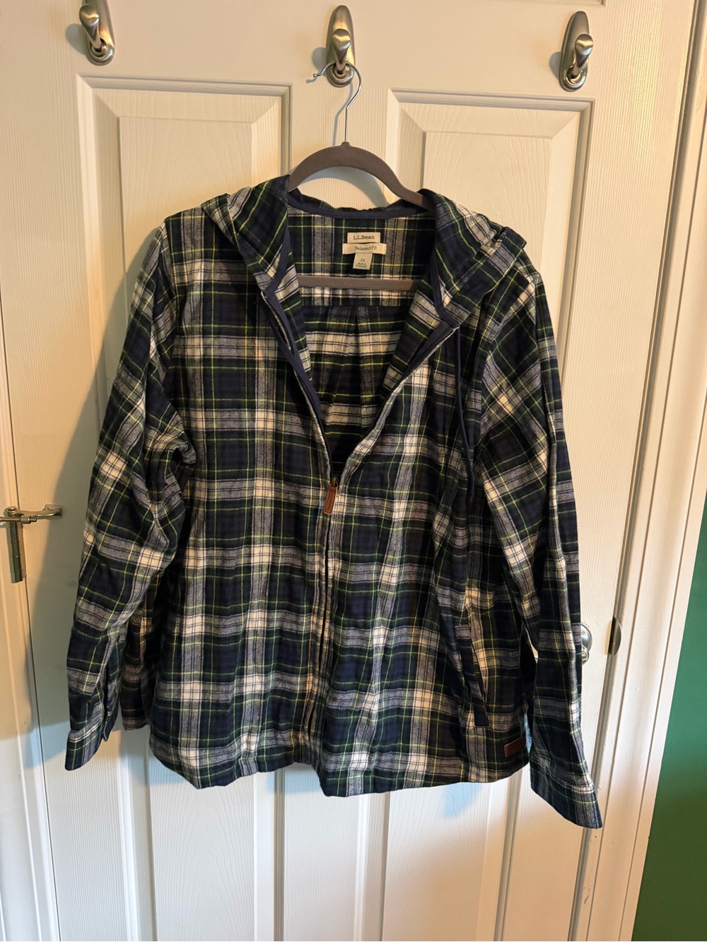 L.L. Bean Navy, Green & White Plaid Hooded women’s jacket
